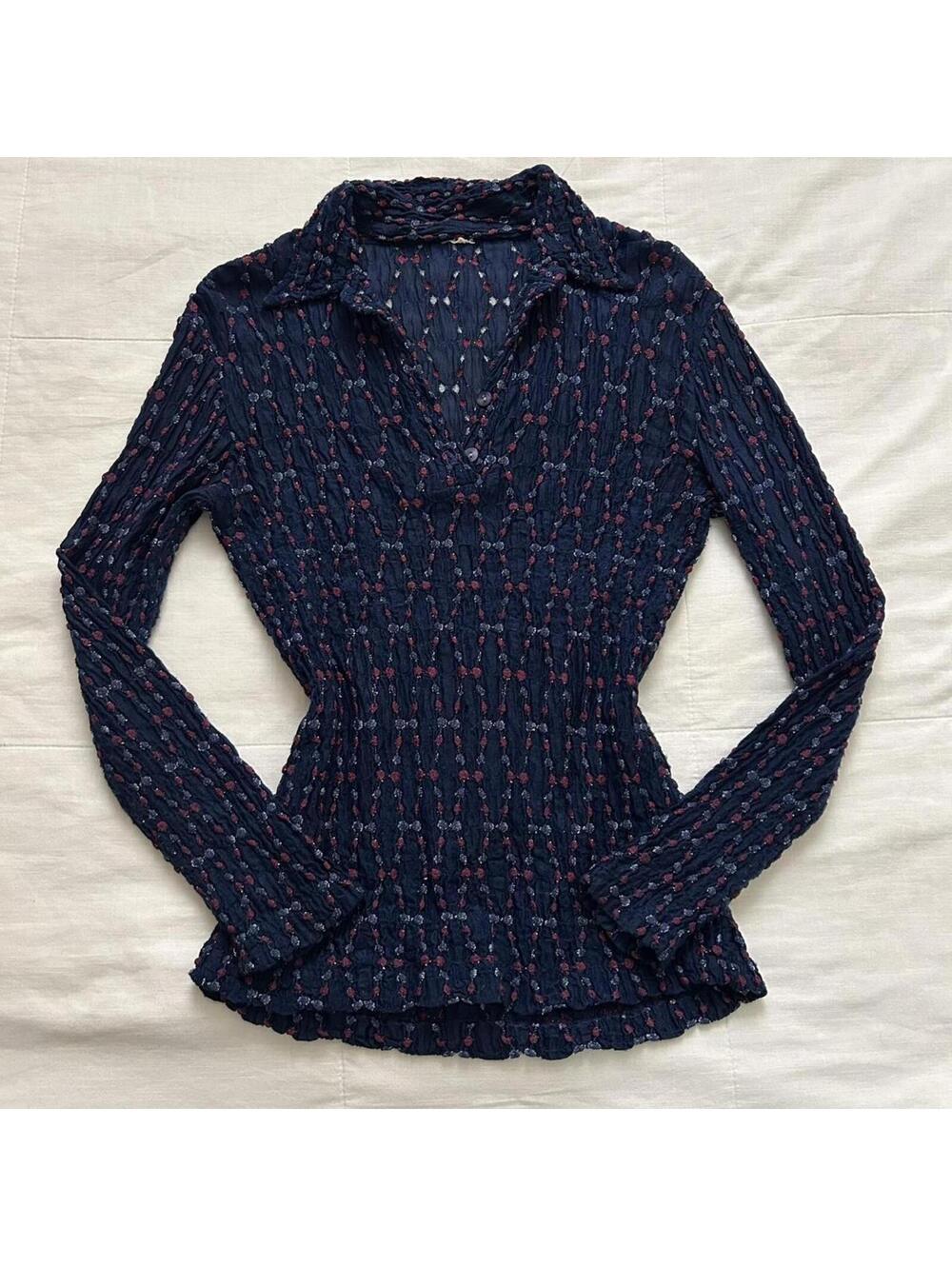 Vintage Navy Blue Textured Knit Floral Collared Blouse Size M